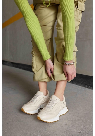 Hello Bej Hakiki Deri Kadın Sneaker-Bej