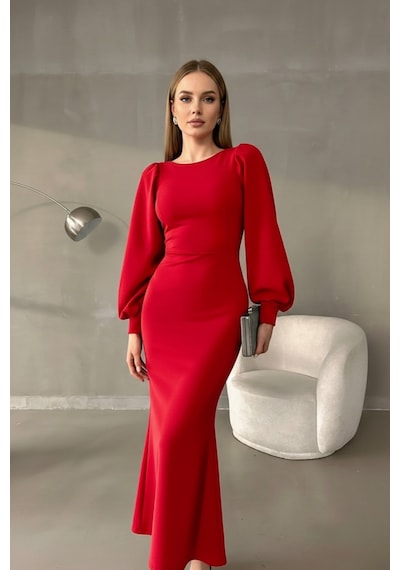 Defymoda Kadın Seçkin Tarz Balık Elbise Kırmızı