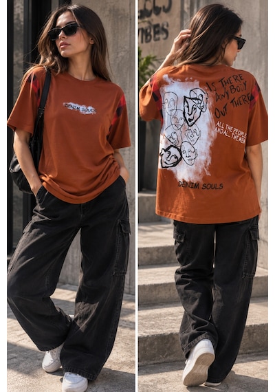 Gugus Kadın Outlet Tek Kalan Üst Giyim Modeller Turuncu-tshirt-yüz-baskılı