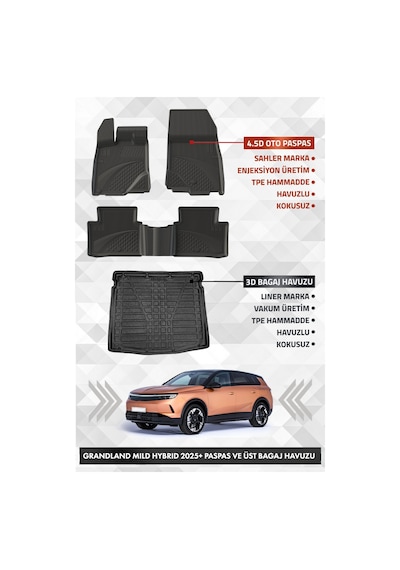 Opel Grandland Mild Hybrid 2025+ Uyumlu 4.5d Sahler Premium Havuzlu Paspas Ve Liner Marka 3d Üst Bagaj Havuzu