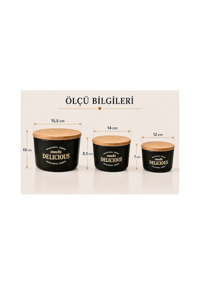 3 Lü Kapaklı Retro Dizayn Saklama Kabı Seti, Bambu Kapaklı, Mika Erzak Saklama Kabı, Bpa, Silikon Contalı Saklama Kutusu Siyah