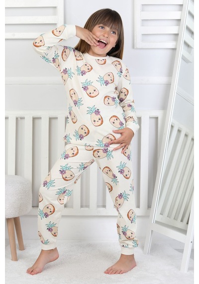 Cute Ananas Desenli Kız Çocuk Pijama Takımı Ekru