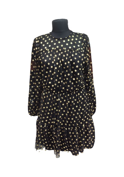 Darlin Moda Kadın Siyah Gold Puantiyeli Uzun Kollu Mini Elbise Dm80148 Siyah