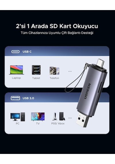 Ugreen 2-in-1 Usb-c, Usb-a Sd, Tf Otg Kart Okuyucu Adaptör, 50706