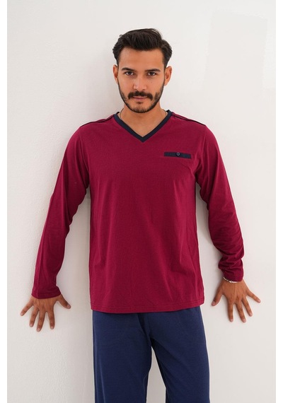 Çift Kaplan Erkek Düz V Yaka Bordo Pijama Takımı 8001 Bordo