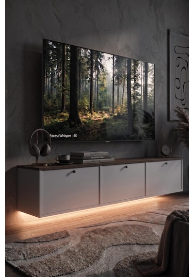 Alaska Led Işıklı Tv Ünitesi Sehpası 3 Kapaklı Duvara Monte 180cm Sepet-beyaz