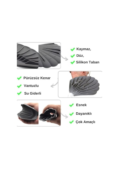 Gri İstiridye Silikon Katı Sabunluk Su Giderli Kaymaz Banyo Mutfak Organizeri 11 cm