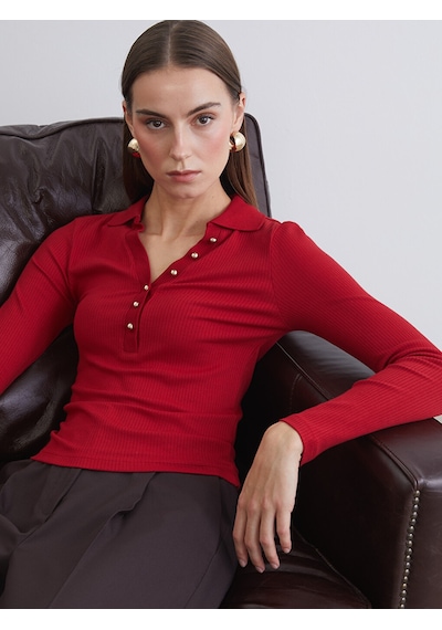 Lcw Everyday Kırmızı Polo Yaka Modal Karışımlı Kadın Tişört