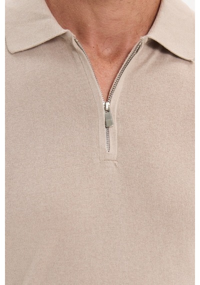 Tudors Erkek Slim Fit Dar Kesim %100 Pamuk Örme Triko Fermuarlı Füme Polo Yaka Tişört-50720