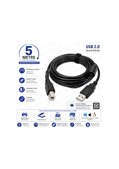 Vorex Gabble 5 Metre Usb 2.0 Yüksek Hızlı Yazıcı Kablosu Ferrit Filtreli Pc Printer Bağlantı Kablosu