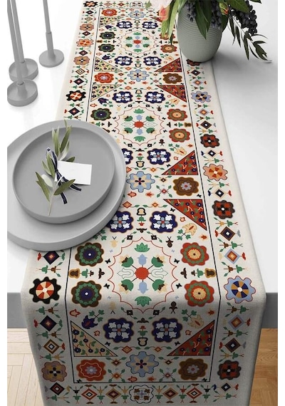 Krem Etnik Desenli Premium Masa Örtüsü Runner Rnr357n11