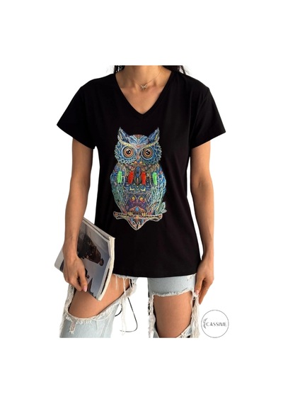 Cassime Kadın Siyah Baykuş Desenli Pul Payet İşlemeli Büyük Beden %100 Pamuk Tişört Xl-2xl-3xl Cassime Kadın Siyah Baykuş Desenli Pul Payet İşlemeli Büyük Beden %100 Pamuk Tişört Xl-2xl-3xl