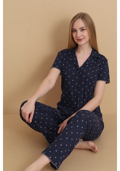 Wordex Mirano 1709 Çiçekli Pointel İnce Kumaş Düğmeli Kısa Kollu Kadın Pijama Takımı Lacivert Wordex Mirano 1709 Çiçekli Pointel İnce Kumaş Düğmeli Kısa Kollu Kadın Pijama Takımı Lacivert