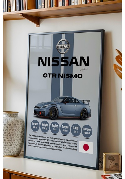 Nissan Gt-r Nismo Premium Spor Araba Çerçeveli Tablo - Teknik Özellikli Jdm Duvar Dekoru Siyah