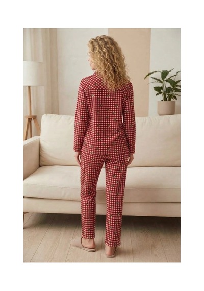 Pijamoni Kadın Süet Kumaş Önü Düğmeli Uzun Kollu Pijama Takımı Kırmızı Kareli Desenli