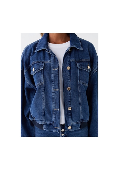 LC Waikiki Lcw Vision İndigo Gömlek Yaka Oversize Kadın Jean Ceket Orta İndigo Rodeo