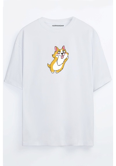 Kawaii Köpek Baskılı Oversize T-shirt Beyaz