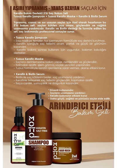 Motto Plus Professional Yavaş Uzayan-aşırı Yıpranmış Saçlar İçin Tuzsuz Keratinli 3'lü Saç Bakım Seti Şampuan-maske-serum