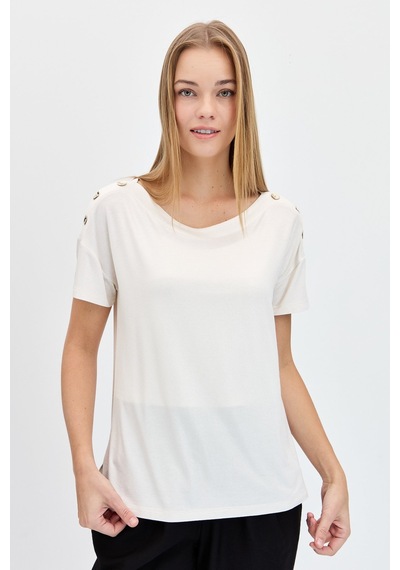 Kadın Sıfır Yaka Omuzları Düğmeli Tshirt Ekru Ekru Kadın Sıfır Yaka Omuzları Düğmeli Tshirt Ekru Ekru