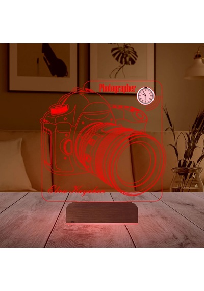 Luvivia Fotoğraf Makinesi Slr Fotoğrafçı Kişiye Özel Metal Saatli 3d Lamba - Masa Gece Lambası Şeffaf