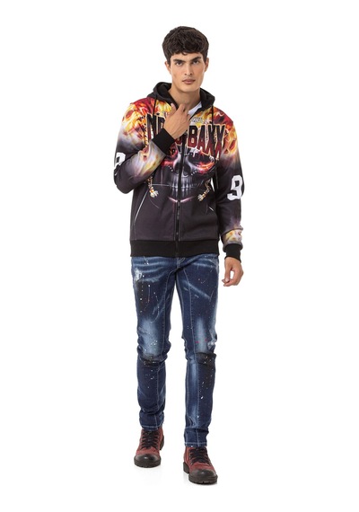 Cipo & Baxx Cl546 Kurukafa Ve Alev Baskılı Erkek Zip Sweatshirt 001
