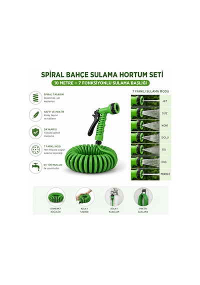 Orret Home 10 Metre Spiral Bahçe Sulama Hortumu Seti, 7 Fonksiyonlu Sprey Tabancalı Uzayabilir Kompakt Hortum,pratik B