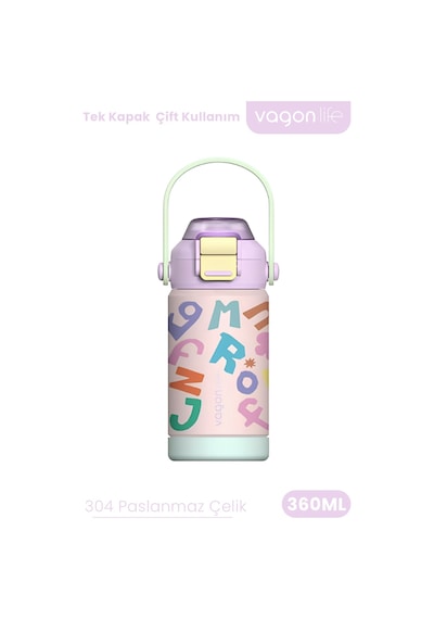 360 Ml Çocuk Termosu Tek Kapak Çift Kullanım Pipetli Rahat İçim Kulplu Paslanmaz Çelik Termos 1104-360ml Lila