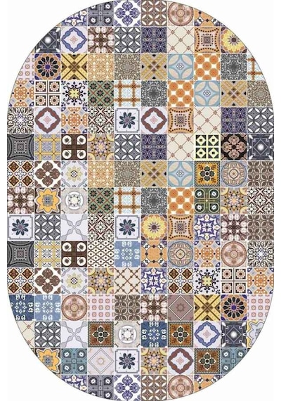 Mavi Çini Desenli Banyo Halısı Klozet Oval Paspas Seti Bs084n11