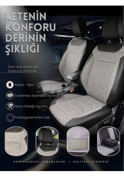 Linum Serisi Keten Kumaş Oto Koltuk Kılıfı Siyah Gri