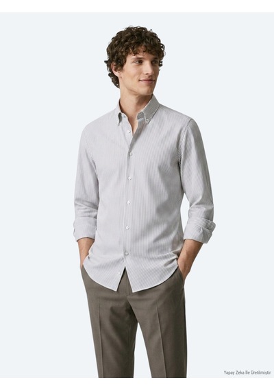 Kip Gri Çizgili Regular Fit Uzun Dokuma Casual Pamuk Karışımlı Gömlek gri grey