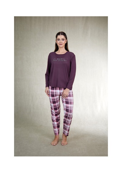 Estiva Kadın Kareli Alt Desenli Mürdüm Uzun Kollu Soft Pijama Takımı Çok renkli