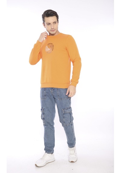 Escetic Erkek Spor Slimfit, Bisiklet Yaka Orange Sweatshirt-4265