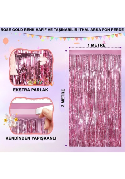Rose Gold Renk Ekstra Metalize Parlak Saçaklı Arka Fon Perde İthal A Kalite 1x2 Metre Renkli