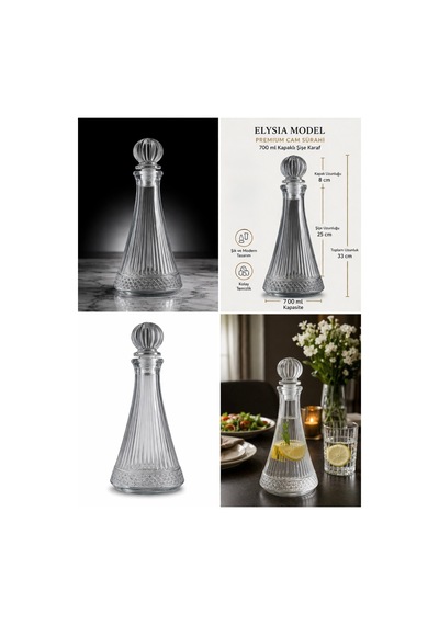 Elysia Model Kapaklı Premium Şık Cam Karaf Sürahi,şişe 700 Ml Kapaklı,33 Cm