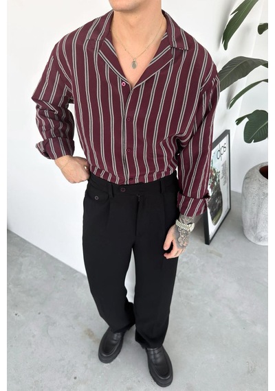 Bordo Çizgili Premium Relaxed Gömlek