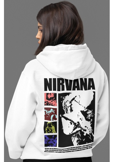 Sevbano Nirvana Rock Metal Müzik Grubu Sırt Baskılı Unisex Oversize Penye beyaz