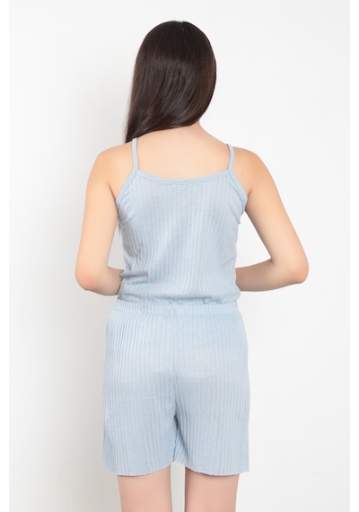 Giysa Mavi İp Askılı Şortlu Kaşkorse Kadın Pijama Takımı Pamuk Karışımlı Kumaş - 6015 Mavi