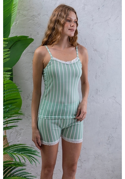 Giysa Kadın Askılı Şortlu Dantel Detaylı Çizgili Pijama Takımı Açık Yeşil - 2031 Açık Yeşil