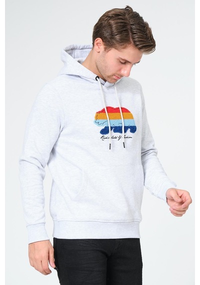 Süzene Nakış Ayı Baskılı Kapüşonlu Gri Sweatshirt Polarlı Çok Renkli