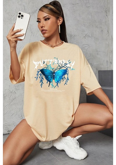 Flood Of Style Unisex Blue Butterfly Baskılı T-shirt Bej