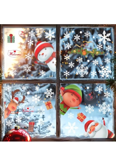 80 Adet Kar Tanesi Pencere Cam Yapışkanları, Noel Baba Geyik Çıkartmaları
