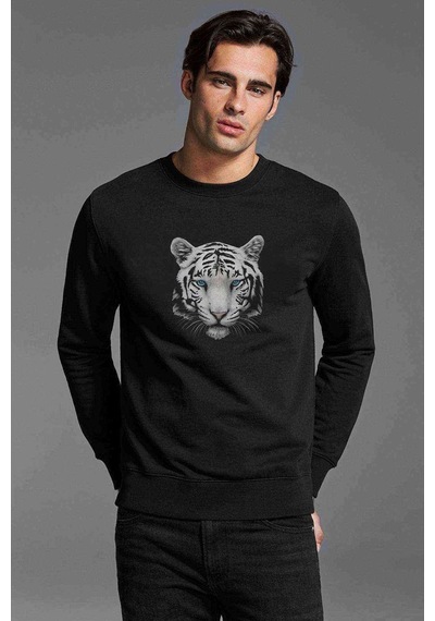 White Tigers Baskılı Siyah Erkek Örme Sweatshirt U