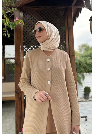 Rabia Şamlı Sinem Çelik Örme Triko Hırka Bej Normal
