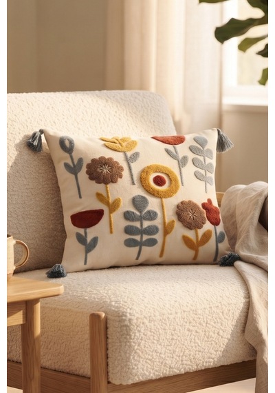 Modern Bahçe Renkli Çiçek Motifli Punch Nakışlı Püsküllü Pamuk Kırlent Kılıfı 42x42 Cm Gri