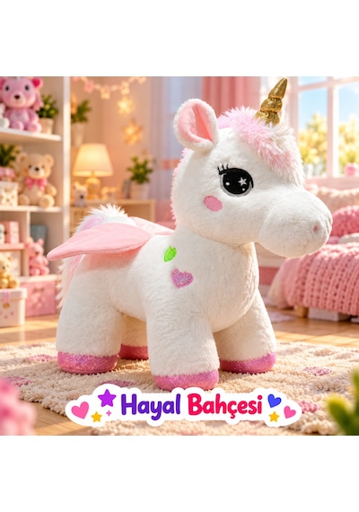 Kanatlı Boynuzlu Unicorn Pony Peluş Oyuncak 55 Cm Açık Mavi