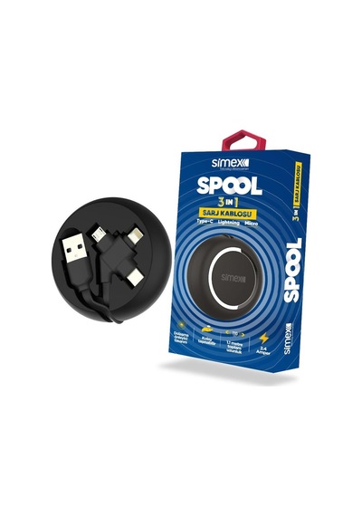 Simex Universal Micro / Type C / Lightning Data Kablosu SPK-07 Spool 3in1 Makarali Siyah