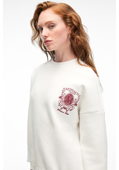 Grımelange AUDRA Kadın Oversize Yuvarlak Yaka Nakış Detaylı Beyaz Sweatshirt