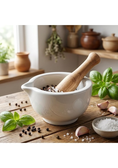 Bambu Havan Ve Tokmak Seti, Büyük Boy Mutfak Havanı, Baharat Ve Sarımsak Öğütücü Ve Döveceği