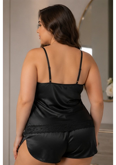 Loule Büyük Beden Siyah İnce Askılı Dantelli Şortlu Pijama Takımı