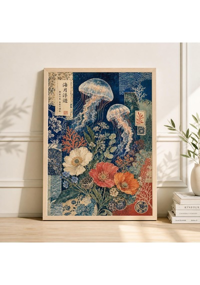 Boho Denizanası Posteri Botanik Kolaj Baskı Sahil Evi Dekorasyonu Okyanus Duvar Sanatı